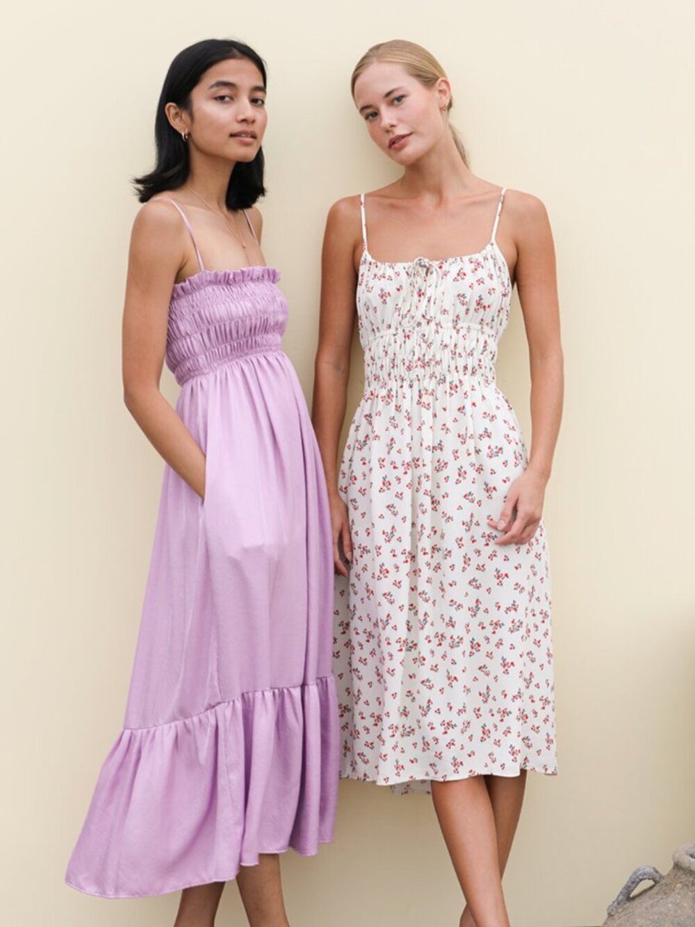 Ciao Lucia Umbria Dress Lilac Smocked Satin Dress Midi Pockets Eco Satin